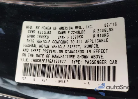 2016 Honda Accord Lx from USA, damaged, VIN 1HGCR2F31GA133677